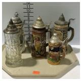 5 Beer steins, 1 marked Germany