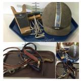 Boot jack, riding helmet, boot hooks, leather &