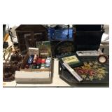 Group - wooden & toleware trays, fishing nets,