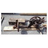 Vintage drill press and small wooden storage box