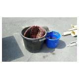 Group lot with muck bucket, water bucket, mower
