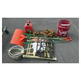Misc group with rope, bucket, shovel, gas can,