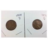 1951 D Wheat Penny and 1958 D Wheat Penny