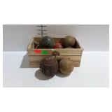 Vintage bocce balls in Harry & David crate box