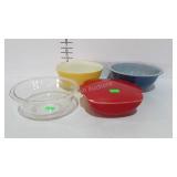 Pyrex group, three mixing bowls plus a red square