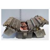 Fishing tackle box with hooks, bobbers, floats,