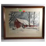 Watercolor - Winter barn scene, pencil signed