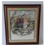 Watercolor - pump house waterfall scene, signed