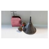 Metal - graniteware funnel, brass door knob, and