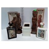 4 Whiskey decanters with boxes- Bear, Indian Chief