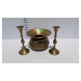 Brass spittoon, and pair of candlestick holders