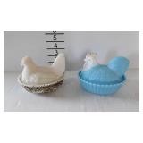 2 Hen on nest dishes - white milk glass has flea