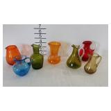 7 crackle art glass mini pitchers, various colors