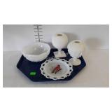 Milk glass 8" bowl, painted plate, and  2 pedestal