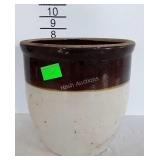 Stoneware crock, brown over white 1 gallon size