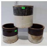 3 Stoneware crocks, brown over white- two 1 gallon
