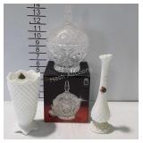 Glass, two Fenton milk glass vases and a lead