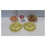 Glassware group, two divided snack plates, ruby