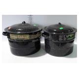 2 Enamel ware canners with lids & jar racks, both