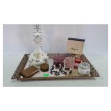 Mirrored dresser tray, milk glass dresser bottle,