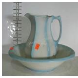 Porcelain pitcher and washbowl set. Unmarked.
