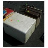 Styrofoam cooler, brown cooler, and trap