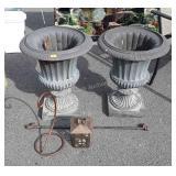 Two plastic urn style planters, and home decor