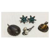 Sterling jewelry- three pendants and a pair of