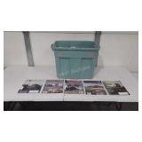 Large green tote of railroad magazines