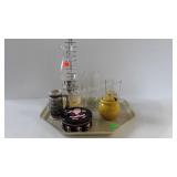 Misc - Oil lamp with chimney, Avon beer mug, honey