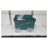 Green tote with lid and plastic kitchenware