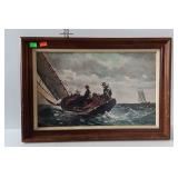 Print on board- sailboat scene, framed - 28 x 19