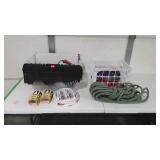 Two totes of misc garage items, rope, wire, light