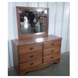 Maple 6 Drawer Dresser with Mirror, clean