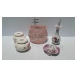 Dresser bottle, pink open lace rose bowl, pair of