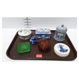 Wedgwood covered jar, glass paper weight, trinket