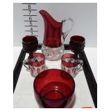 Ruby flashed Kings Crown beverage pitcher, 2 mugs,