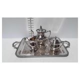 Silver plate tray with quadruple plate 3-pc coffee