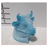 Blue milk glass bull head covered trinket dish -