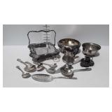 Silver plate square basket, footed bowls, serving