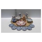 Asian theme - 3 teapots, blue & white rice bowl,
