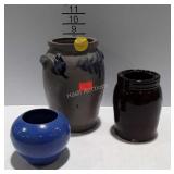 Stoneware canning jar, pottery vase, and blue gray