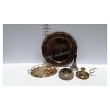 Brass trays, candlestick holder, flower arranger,