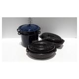Enamel ware - stock pot with steamer insert, and 2