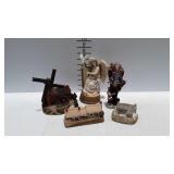Angel figure & music box, and 3 polystone village