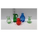 Blown glass - green crackle glass pitcher & pair