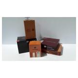 5 Wooden cigar boxes, 1 full of cigar bands