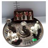 Decor - dog figurines, silver plate candlestick
