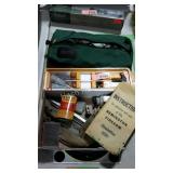 Gun cleaning kit, Orvis bag, target, fish hooks,