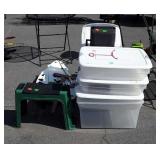 Group lot of totes, plastic step and lawn decor,